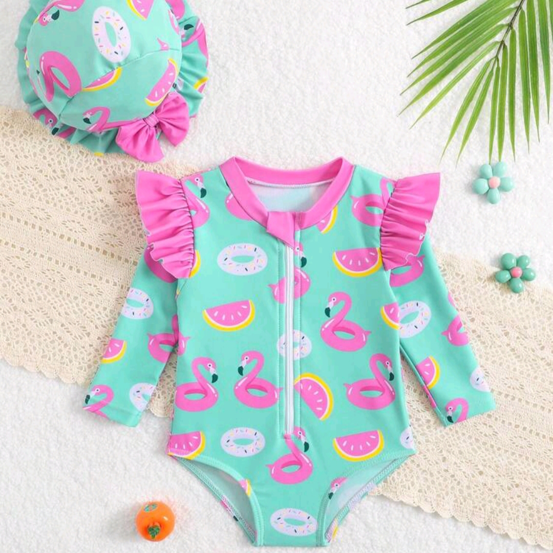 2 piezas - Traje de baño entero con estampado de flamencos y gorro a juego