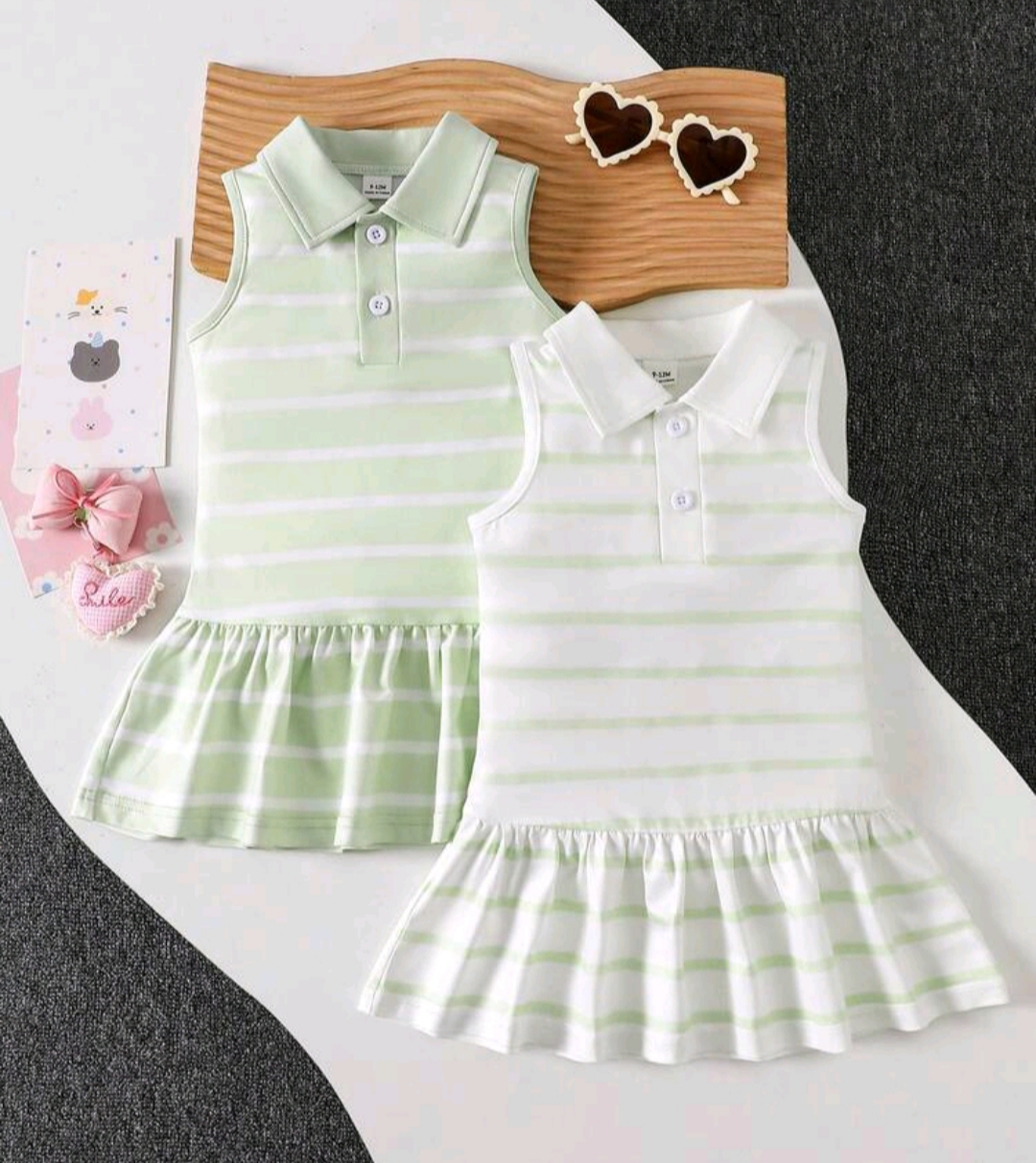 2 Piezas - Vestidos con cuello camisero sin mangas verde con blanco