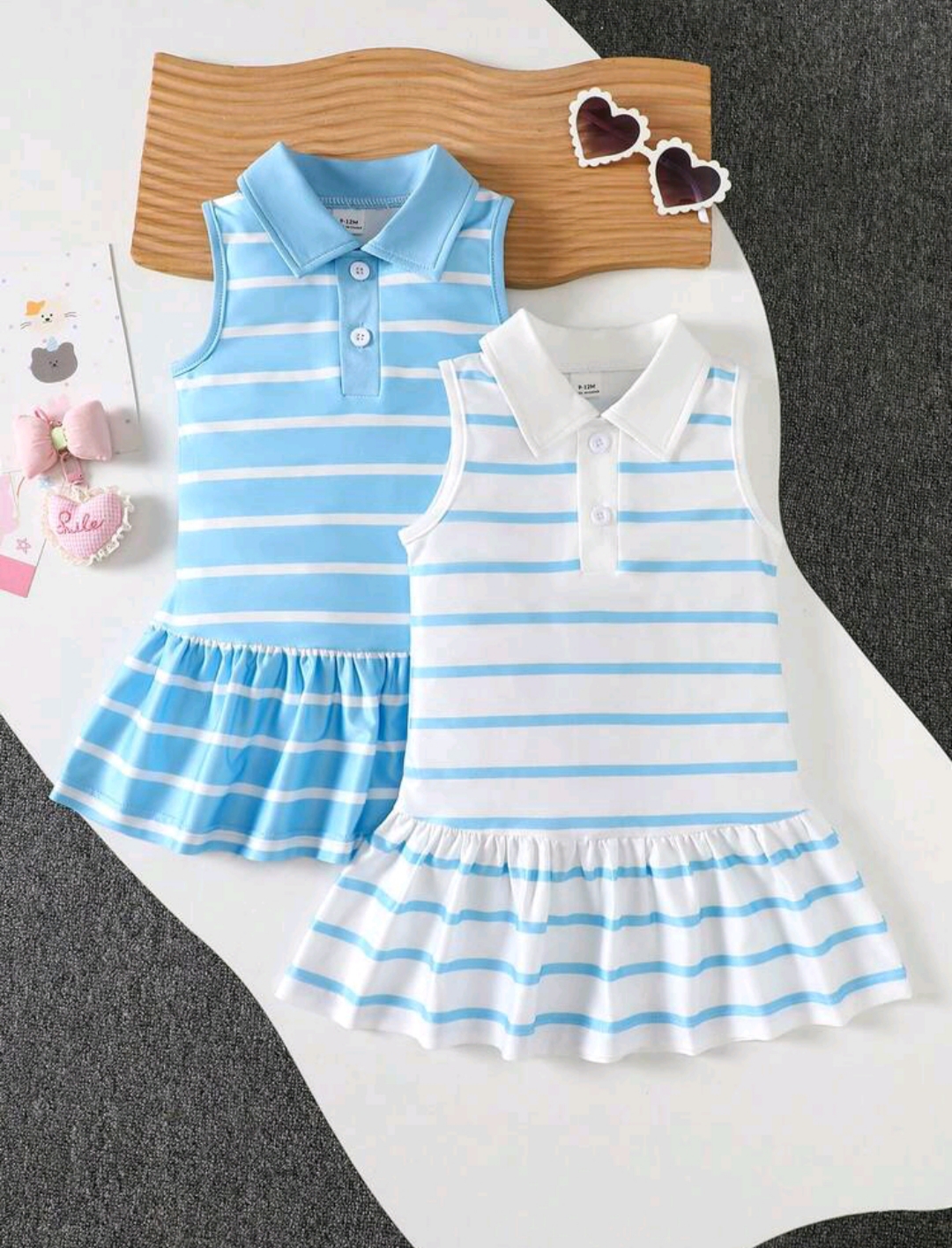 2 Piezas - Vestidos con cuello camisero sin mangas azul con blanco