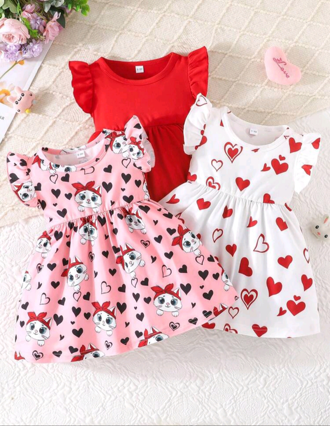 3 Piezas - Vestidos de algodón, diseño de gatito y corazón (rojos)